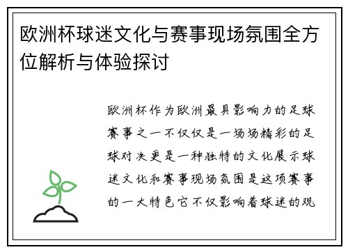 欧洲杯球迷文化与赛事现场氛围全方位解析与体验探讨