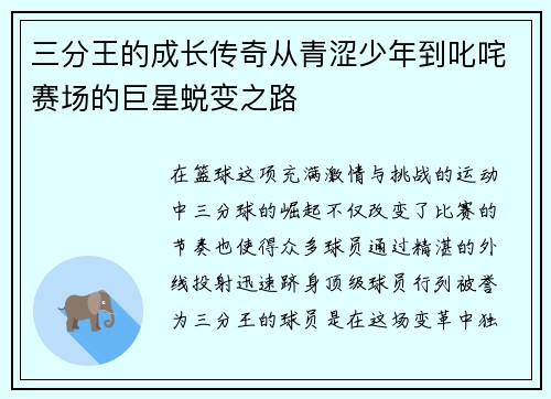 三分王的成长传奇从青涩少年到叱咤赛场的巨星蜕变之路
